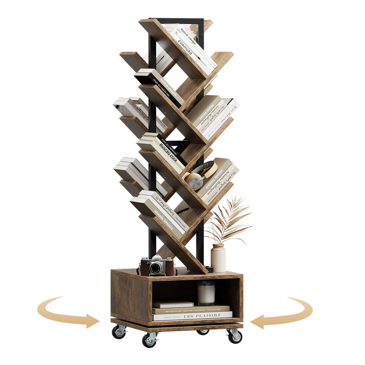 iabifo 49" Rotating Tree Bookshelf, 7 Tier Double Sided Shelf, Wood Corner Bookshelf with Wheels, 360 Display Spinning Bookcase Storage Rack, Ideal for Small Rooms, Easy Assembly, Rustic Brown iabifo