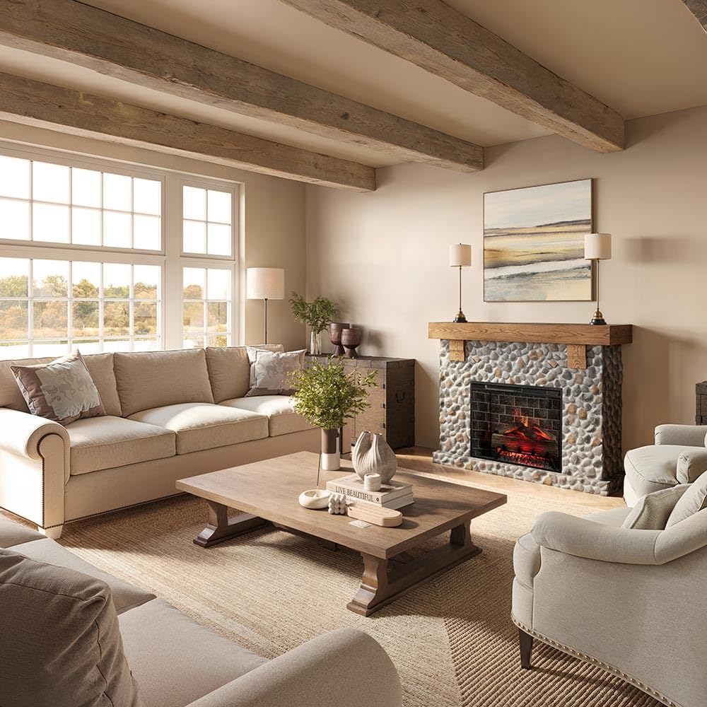 Country Living Glenbrook 55 Inch Oak Wood Mantel with Cast Stone River Rock Surround & 28" Smart Electric Fireplace | Works with Remote, Wi-Fi App, Alexa and Google | LED Multi-Flame Options Country Living