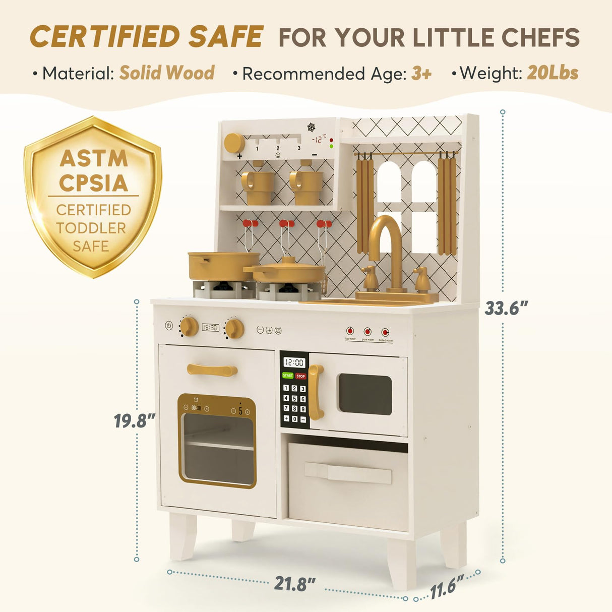 BIERUM Play Kitchen with Realistic Lights & Sounds, Wooden Kitchen Playset Chef Pretend Play Set for Toddlers, Toy Kitchen with 26 Pcs Toy Food & Cookware Accessories, Gift for Ages 3+ BIERUM