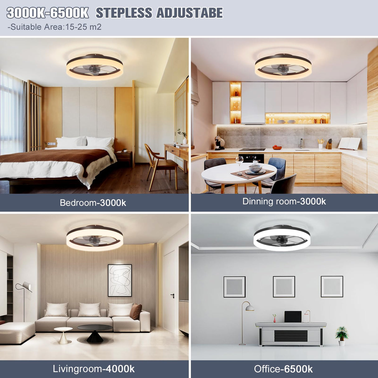 VOLISUN Low Profile Ceiling Fans with Lights and Remote, Fandelier Ceiling Fan Flush Mount, 3000K-6500K Smart Bladeless LED Fan Light, Black Modern Ceiling Fans with Lights for Bedroom VOLISUN