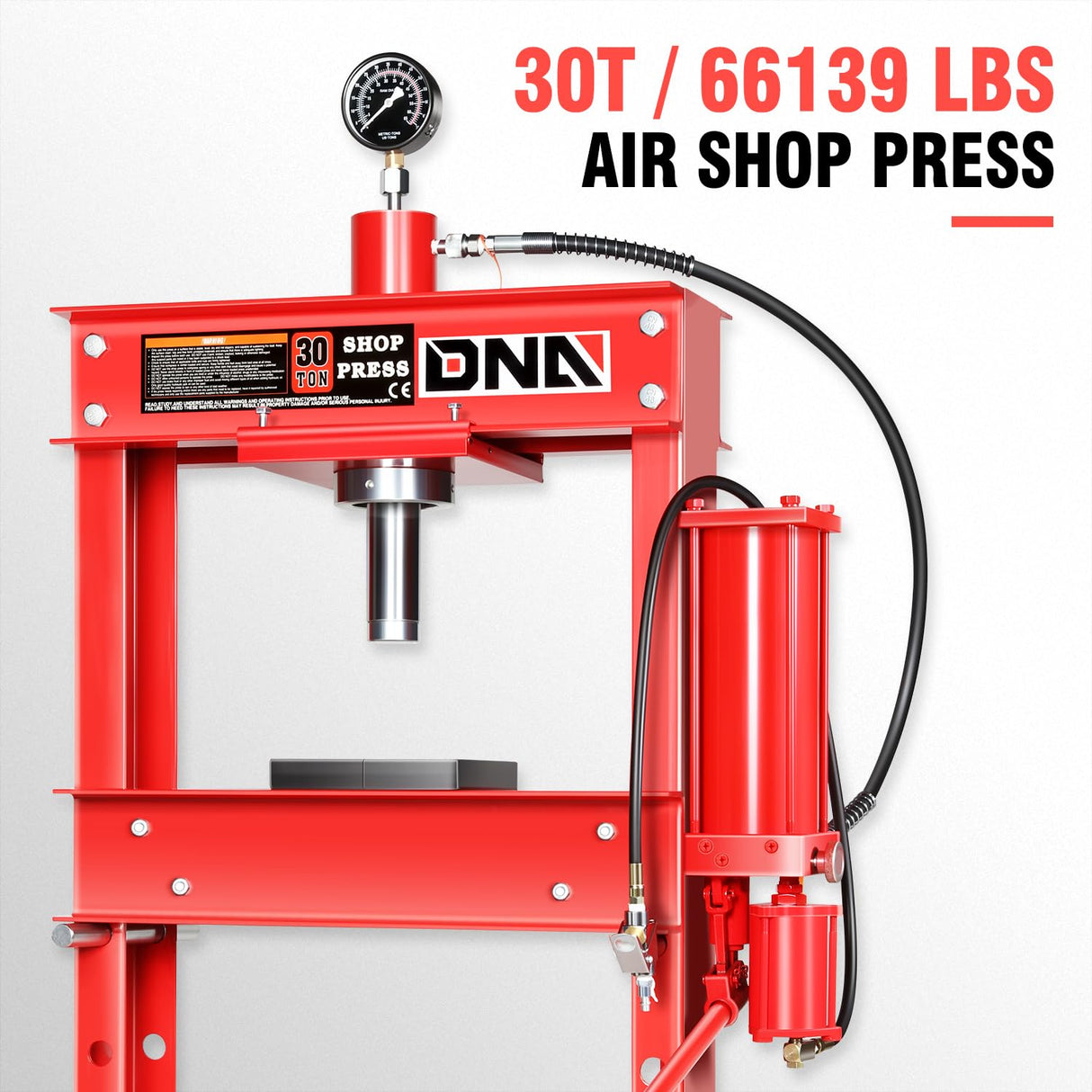 DNA MOTORING 30 Ton Air Hydraulic Shop Press with Plates, H-Frame Garage Floor Press, 30T / 66139lbs, Adjustable Working Table Height, TOOLS-00292, Red DNA MOTORING