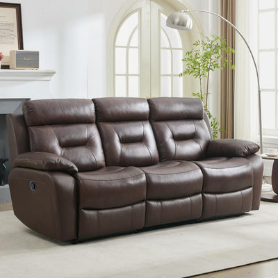 Msutree Genuine Leather Manual Reclining Sofa with Console, Oversized 3 Seater Reclining Chair, Top Grain Leather Recliner Sofa, Modern Couch for Living Room, with Drop-Down Table, Cupholders, Brown