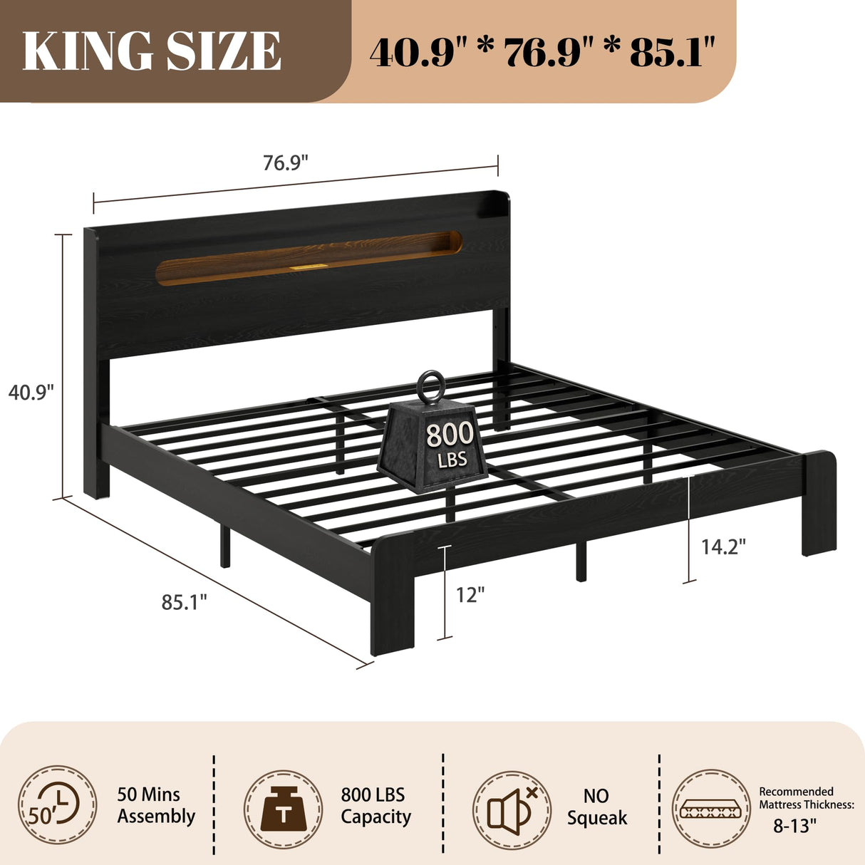 QNICE Wooden King Size Bed Frame with Storage Headboard & Charging Station, Farmhouse Platform Bedframe with LED Lights & Metal Slats Support, Easy Assembly (Rustic Black) QNICE