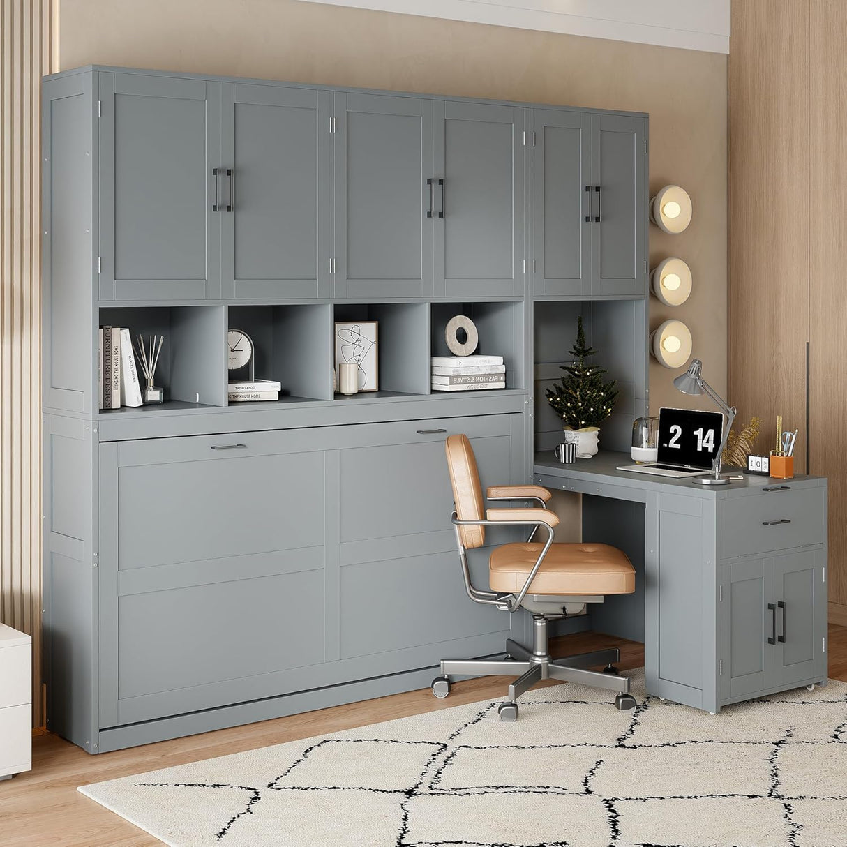 Virubi Twin Horizontal Murphy Bed with Desk and Wardrobe Closet,Wood Twin Folding Murphy Wall Bed with Storage Shelves Cabinets and Drawers for Adult (Grey) Virubi