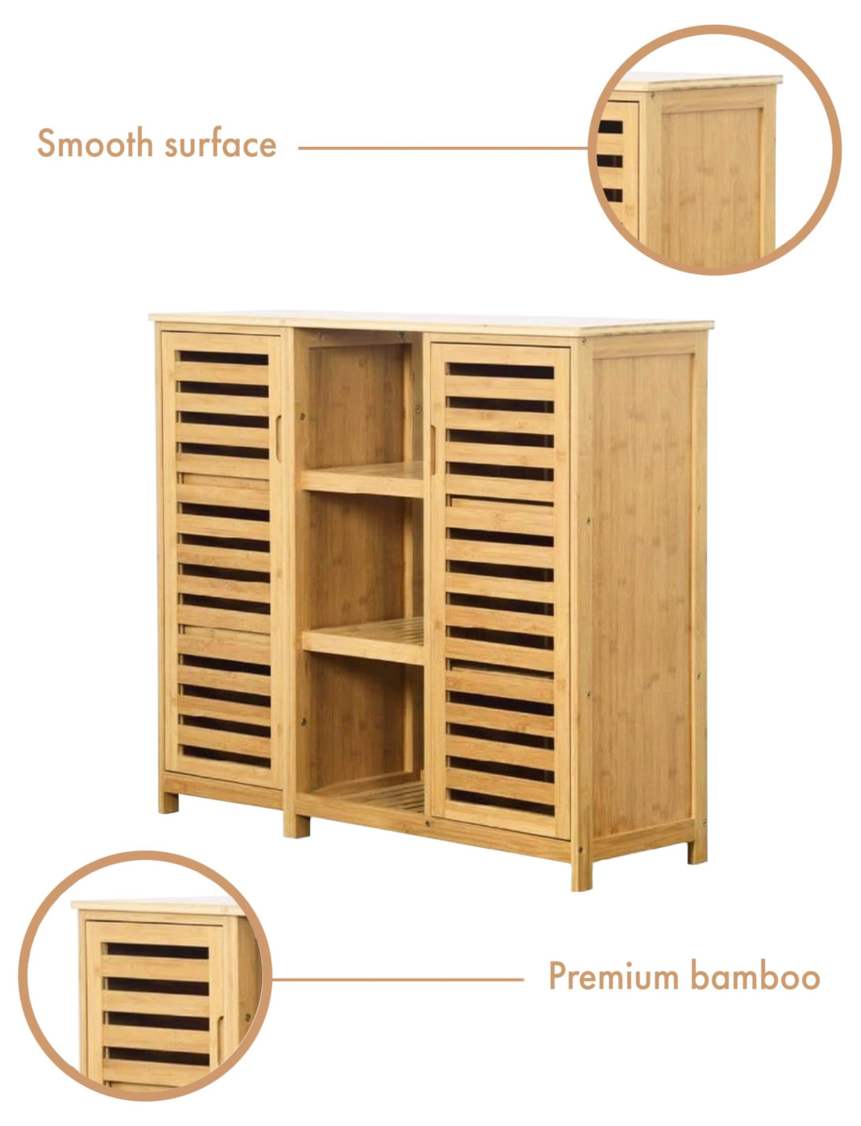 RoyalHouse Bamboo Storage Cabinet with 2 Doors and Shelves, 3-Tier Open Shelves, Free Standing Storage Organizer, Cabinet for Bathroom, Living Room, Kitchen RoyalHouse
