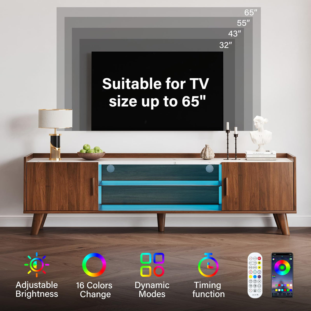 Svimi Modern Lift Top Coffee Table & 65" TV Stand Set of 2, Extendable LED Entertainment Center with Power Outlets/Hidden Storage(Walnut Brown & White Coffee Table + Walnut Brown TV Stand) Svimi