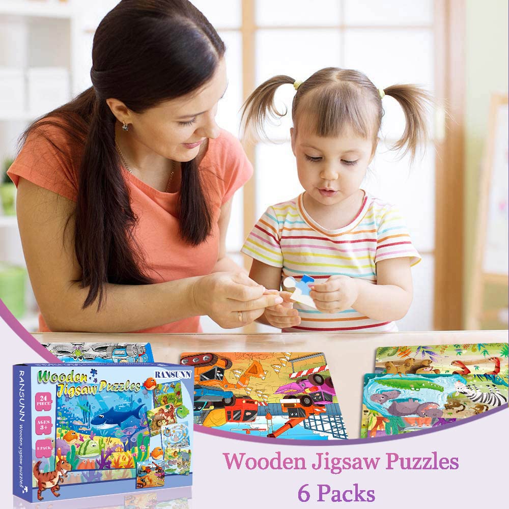 Puzzles for Kids Ages 3-5, 24 Piece Colorful Wooden Puzzles for Toddler Children Learning Educational Puzzles Toys for Boys and Girls (6 Puzzles) RANSUNN