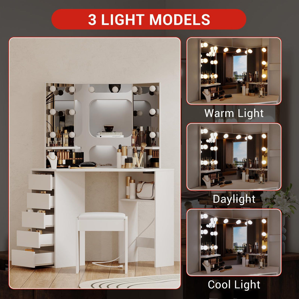 Corner Vanity Desk with Mirror and Led Lights - Makeup Table with 5 Drawers, Shelves, and Vanity Stool - Perfect for Bedroom or Bathroom, White MilleLoom