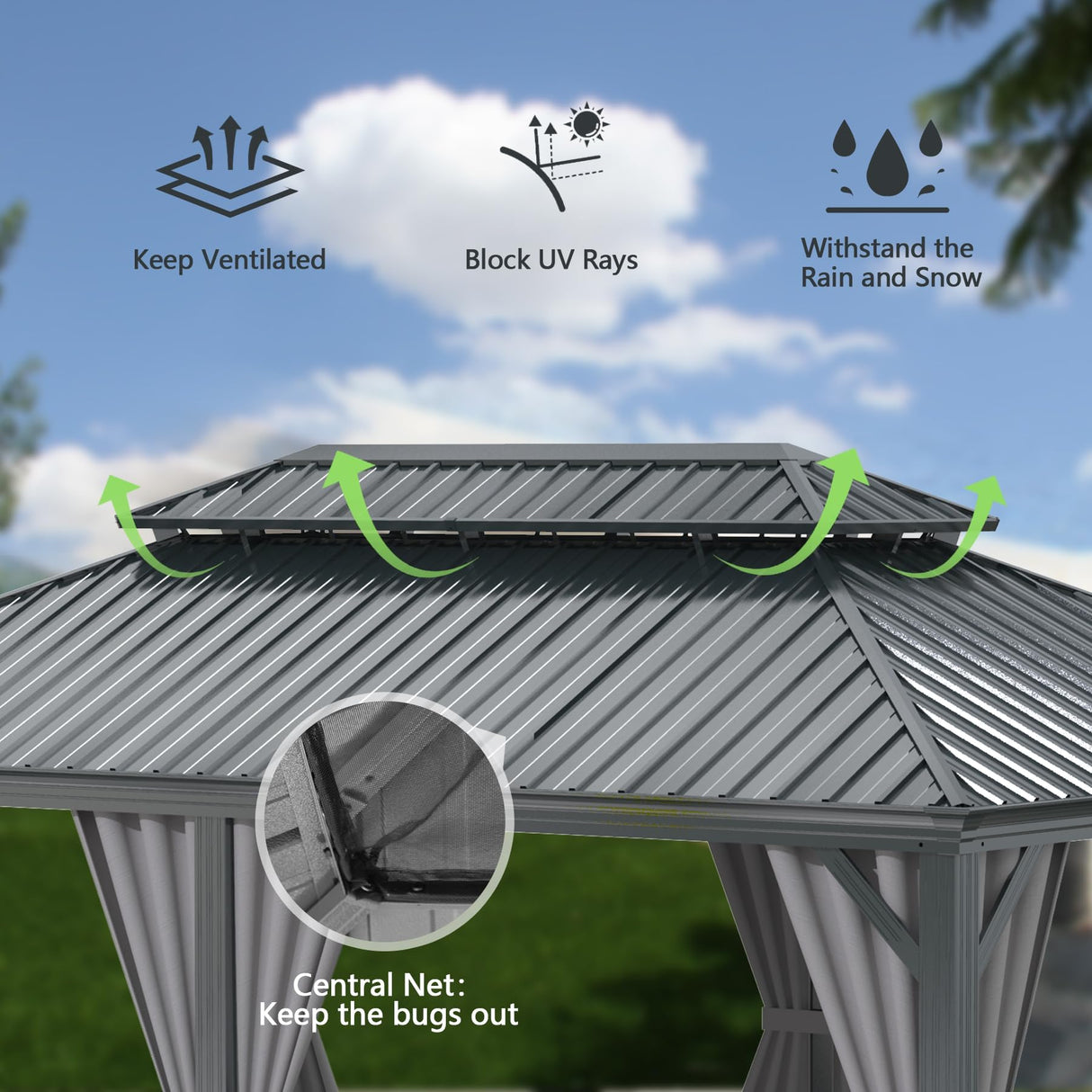 Domi 14x20FT Outdoor Gazebo, Hardtop Gazebo with Galvanized Steel Double Roof, Metal Gazebos with Drainage System Patio Pergola for Patio Deck Backyard,Curtain and Netting,Gray domi outdoor living
