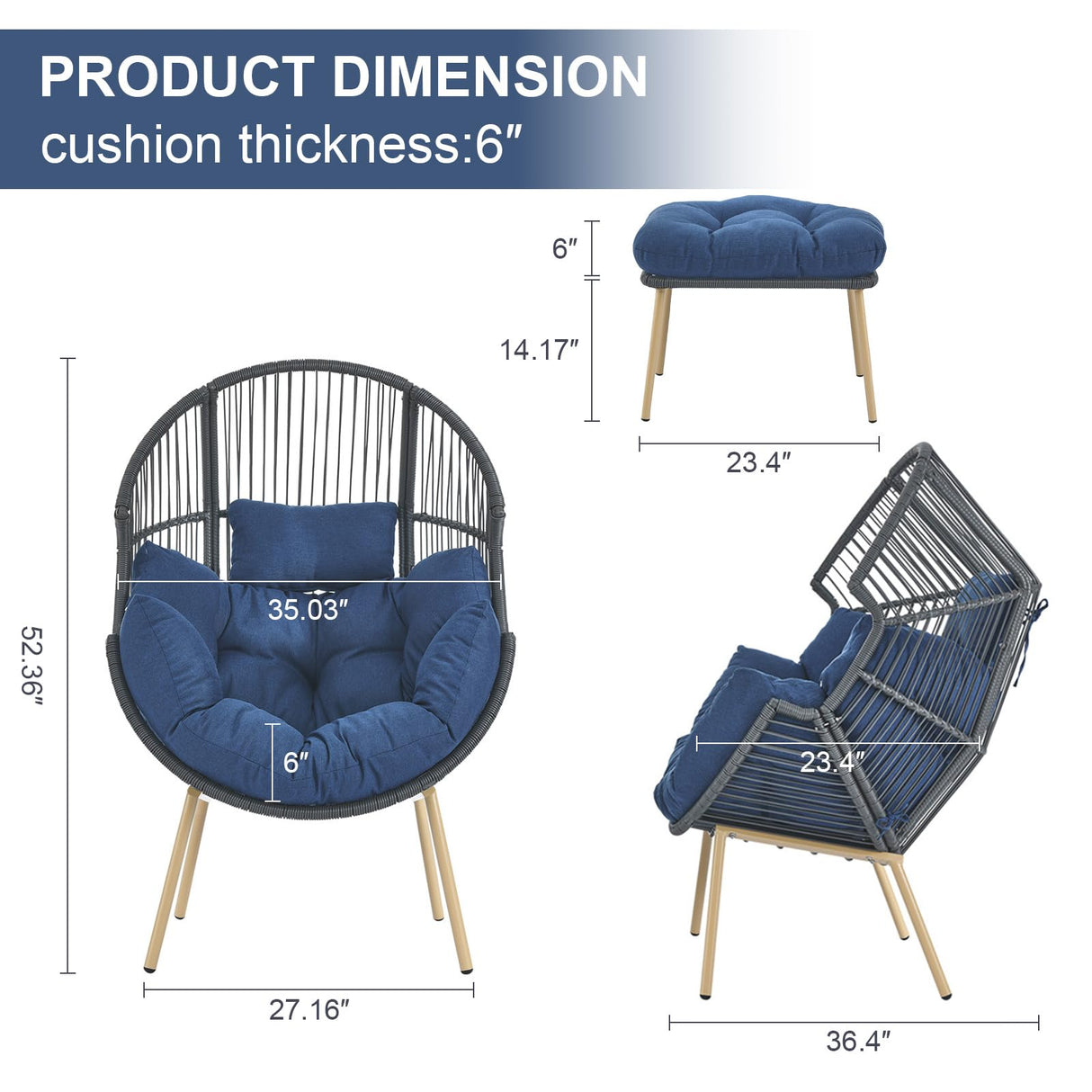 Belord Wicker Egg Chair with Ottoman - 350lbs Capaticy Outdoor Indoor Egg Shaped Basket Lounge Chair with Anti-Rust Stand Water Resistant Cushion with Ties for Patio Balcony Bedroom Living Room Blue Belord