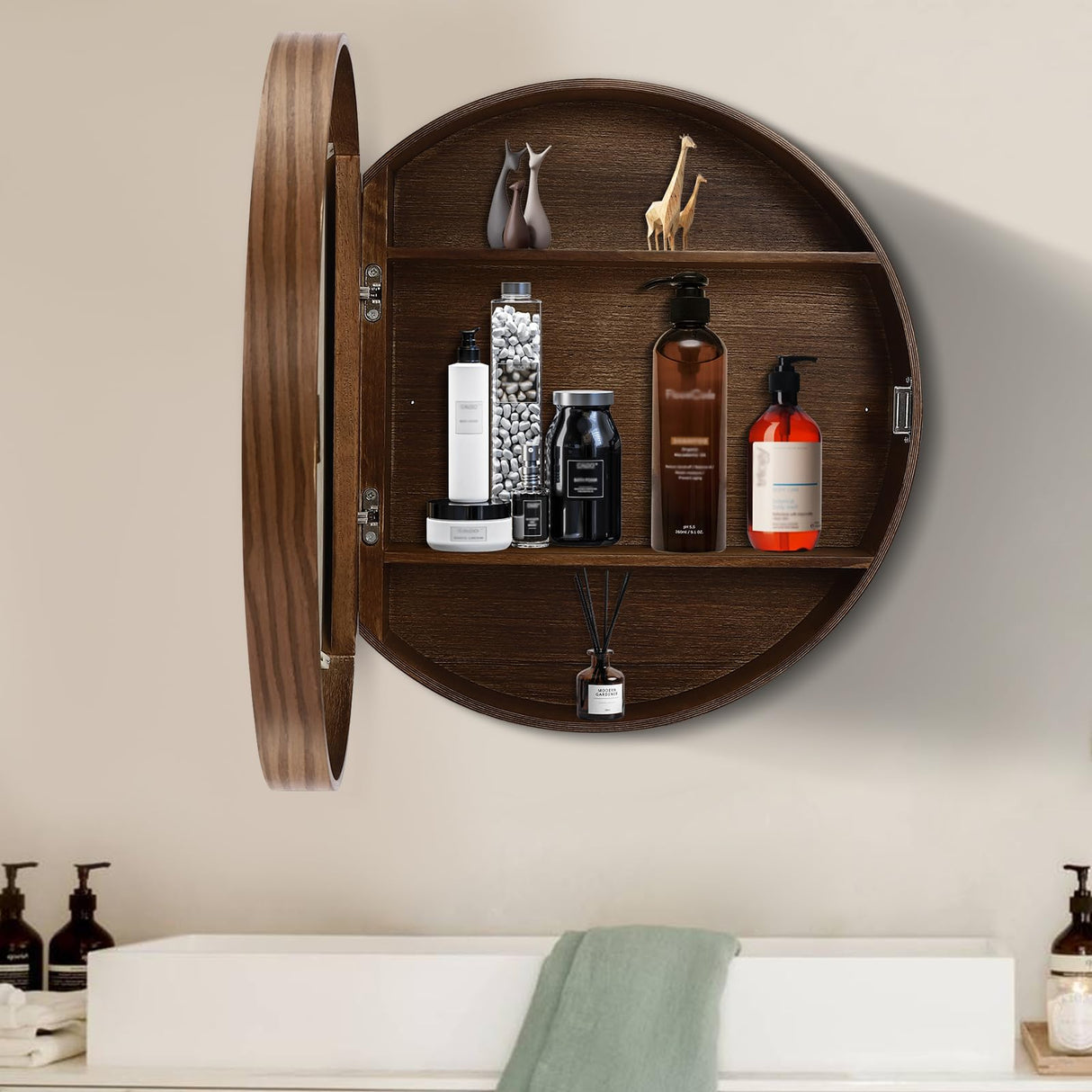 ZHIMIFU 20 x 20 Inch Round Medicine Cabinet Bathroom Mirror Cabinet Wall Mounted or Recessed Storage Cabinet Wood Frame Vanity Wall Mirrors for Home Bathroom Decor (Walnut) ZHIMIFU