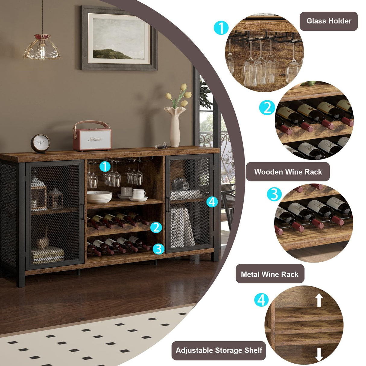 Launica Industrial Coffee Bar Cabinet, Wine Bar Cabinet for Liquor and Glasses, Liquor Cabinet with wine Rack Storage, Wood Metal Sideboard Buffet Cabinet for Home Kitchen Dining, Rustic Brown 55 Inch Launica