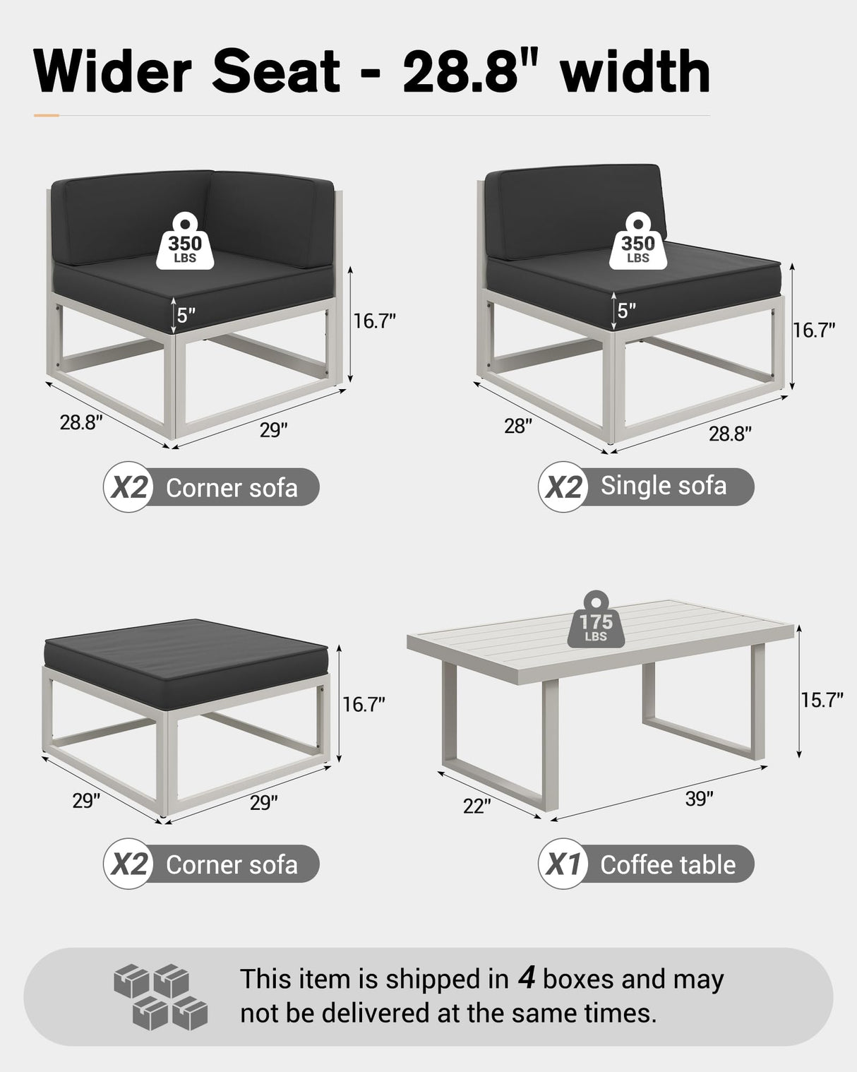 UDPATIO Aluminum Patio Furniture Set, Modular Oversized Outdoor Sectional of Olefin 5 inch Thick Cushion, Coffee Table and Waterproof Cover, Patio Conversation Sets for Porch, Deck UDPATIO