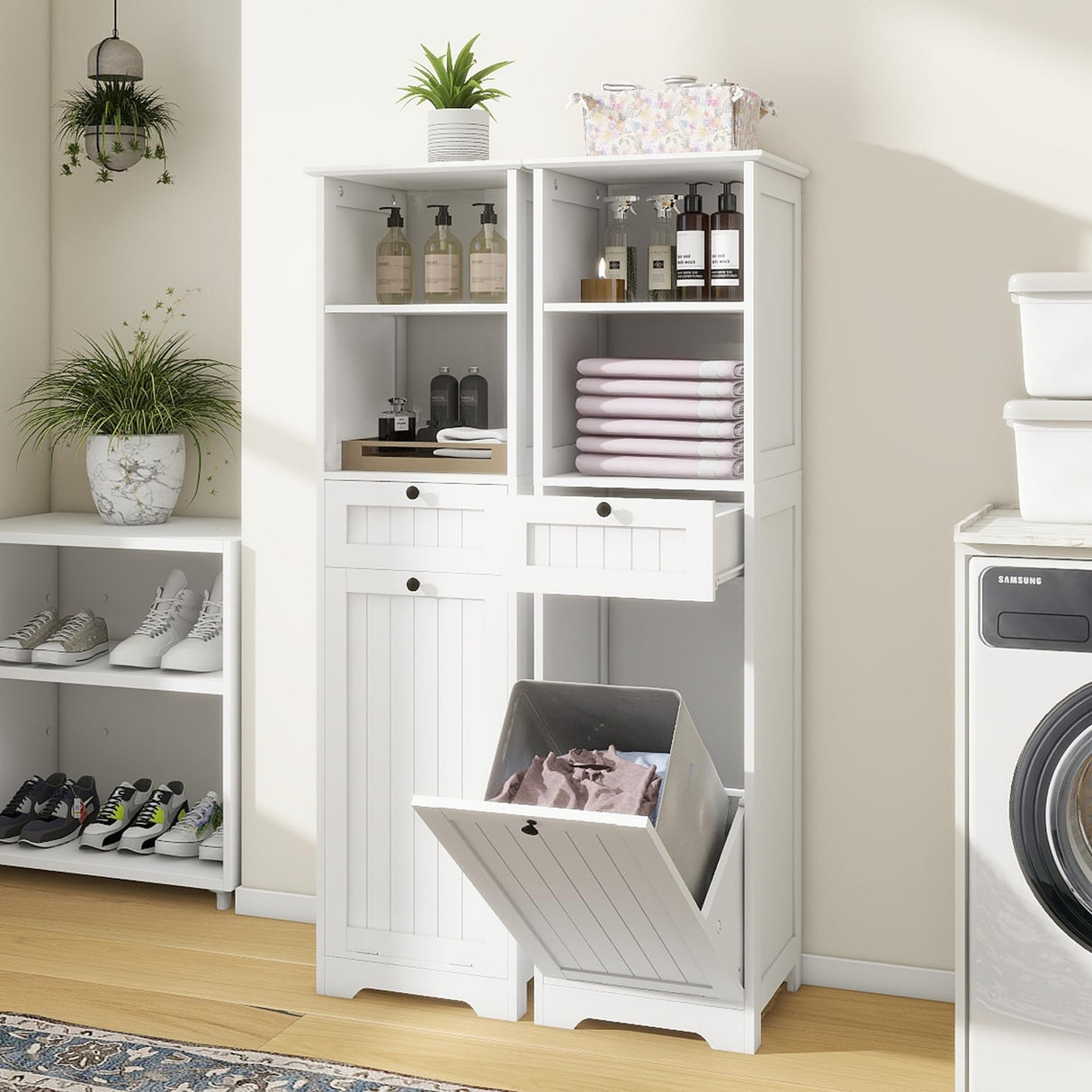 OQSC Tall Tilt Out Laundry Room Cabinets and Storage with Hidden Removable Basket, Pull Out Laundry Cabinet Hamper with Door and Drawer for Laundry Room, Bathroom, 13 Gallons OQSC