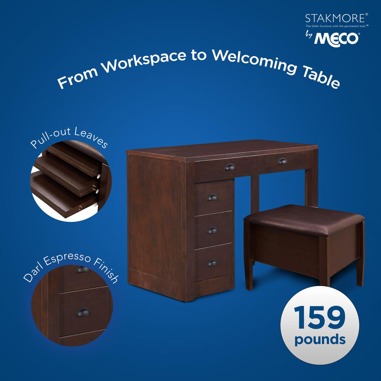 Meco Stakmore Wooden Made Expandable Desk with Ottoman, Dark Espresso Finish, and 3 Functioning Drawers for Home Office Tables, Espresso MECO