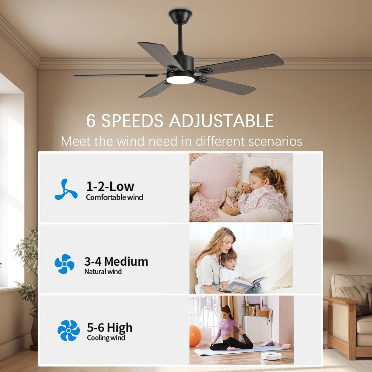 FUMLTP 52 inch Modern Ceiling Fans with Lights APP/Remote Control, Low Profile Reversible 6 Speeds Dimmable Ceiling Fan Light for Indoor/Outdoor Bedroom Living Room(Brown) FUMLTP