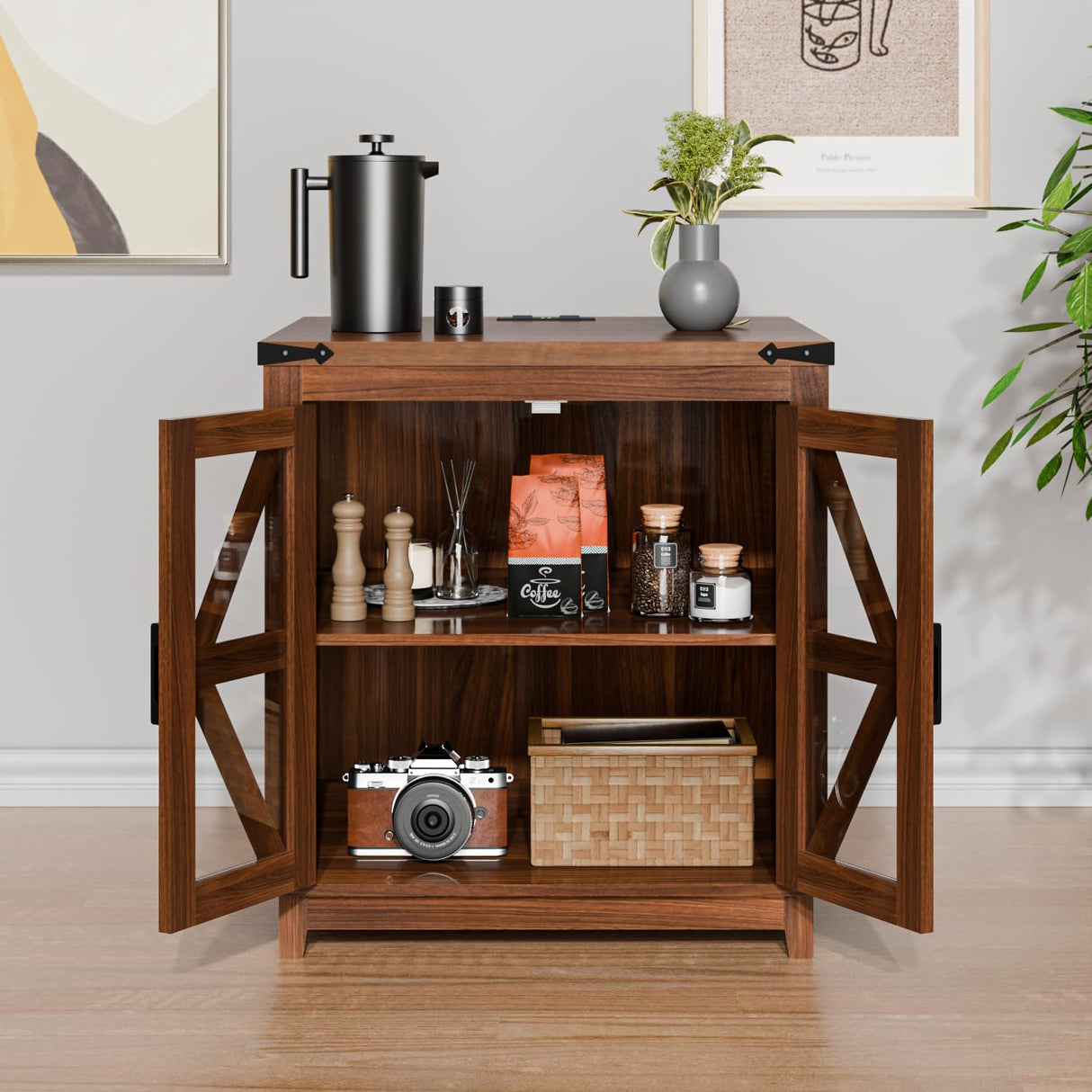 VITESSE Farmhouse End Table, 24" Large Wood Square Nightstand with Doors, Sofa Side Table with Charging Station Modern Nightstand Storage Cabinet for Living Room, Bedroom, Entryway (Brown) VITESSE