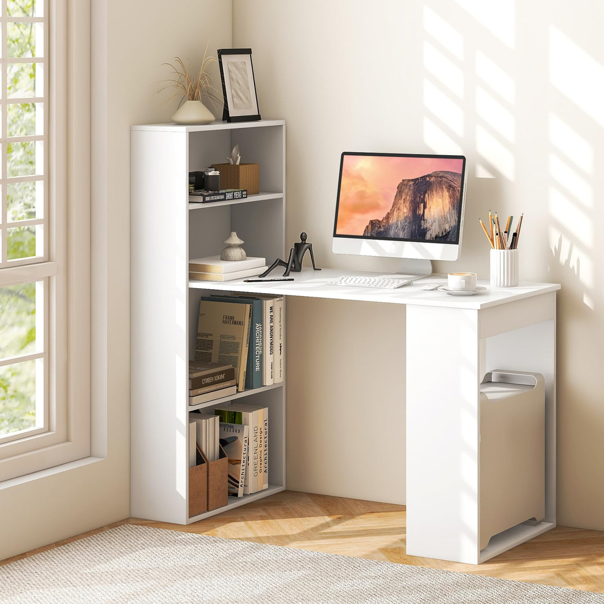 Tangkula White Computer Desk with Bookshelf, Writing Study Desk with Storage Shelves & CPU Stand, Modern Compact Computer Workstation for Home & Office, Space-Saving Design Tangkula