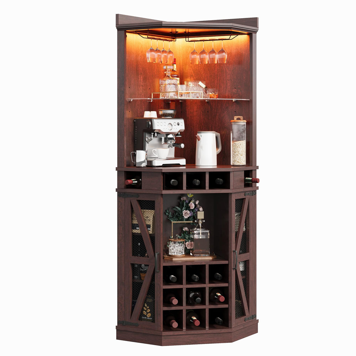 IRONCK Corner Bar Cabinet, 72.4" Tall Wine Cabinet with LED Light & Tempered Glass Rack, Home Bar Liquor Cabinet & Coffee Bar with Barn Door & Adjustable Shelf for Living Room, Dining Room, Red Walnut IRONCK