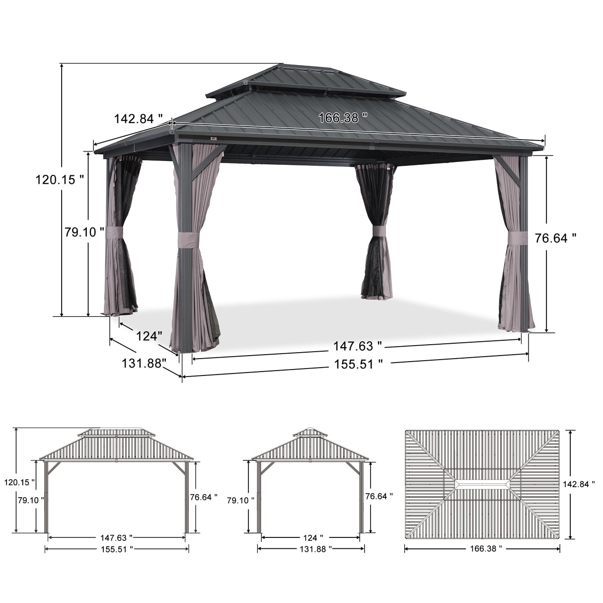 PURPLE LEAF 12' X 14' Hardtop Gazebo with String Lights Patio Hardtop Gazebo with Heavy Duty Galvanized Steel Double Roof for Patio Lawn Garden, Netting and Curtains Included, Grey PURPLE LEAF