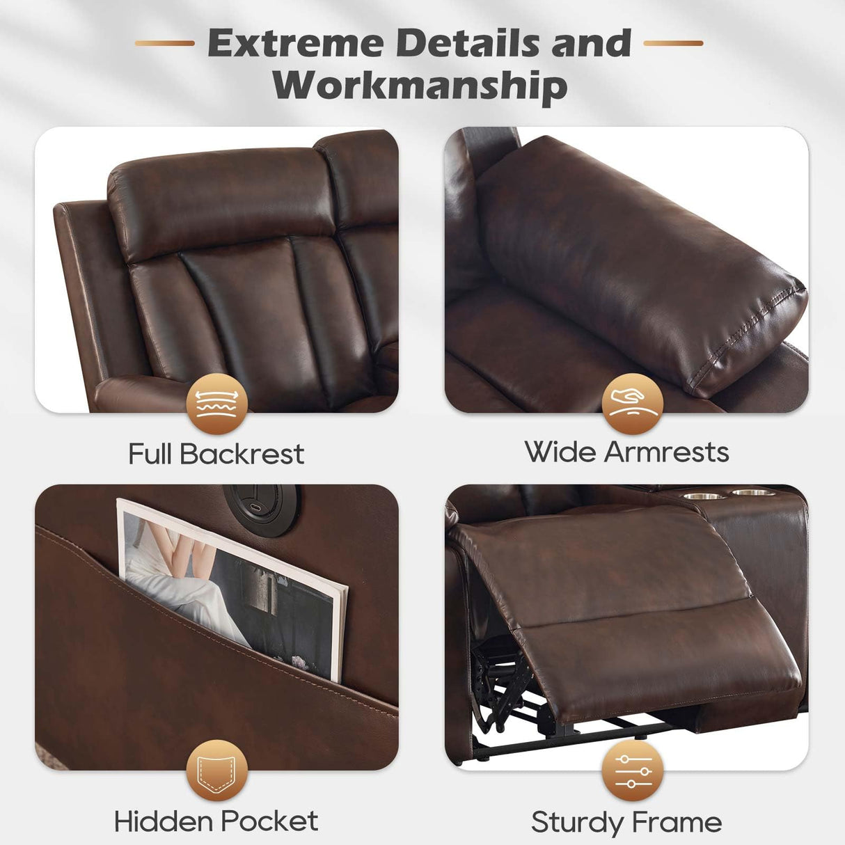 Consofa Power Reclining Loveseat with Console, Reclining Loveseat with Heat and Massage, Power Loveseat Recliner Sofa with Dual Ports, Cup Holders for Living Room, RV Sofa Consofa