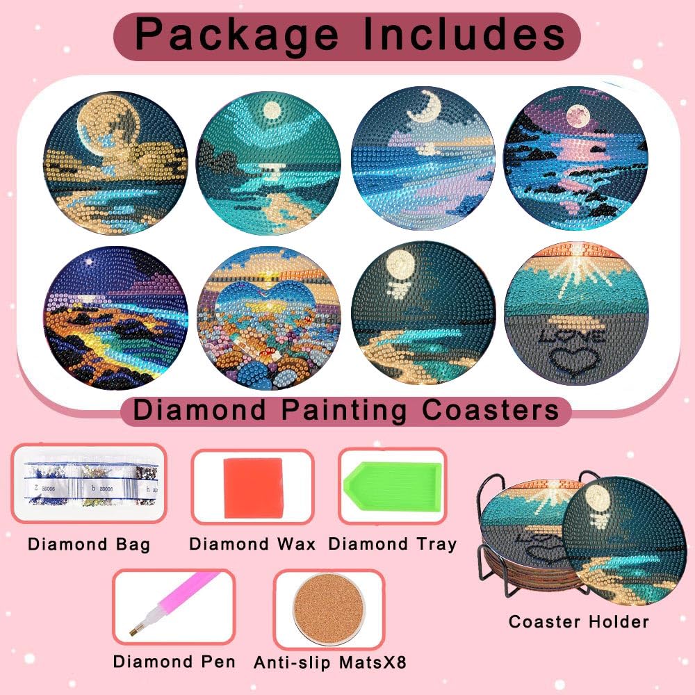 Beach Diamond Art Coasters Kit for Adults - 8 Pcs Diamond Painting Coasters Kit with Holder,Moon Landscape Diamond Art Kits for Adults Coasters Arts and Crafts Kits for Gifts Ammklfh