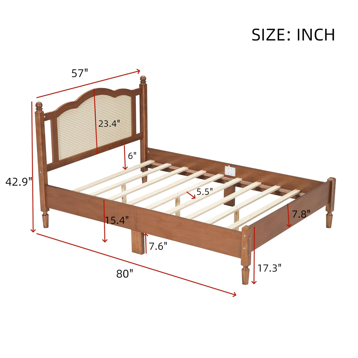 SOFTSEA Rattan Bed Frame Full Size, Full Size Rattan Platform Bed Frame, Wood Bed Frame for Bedroom, No Box Spring Needed, Walnut SOFTSEA