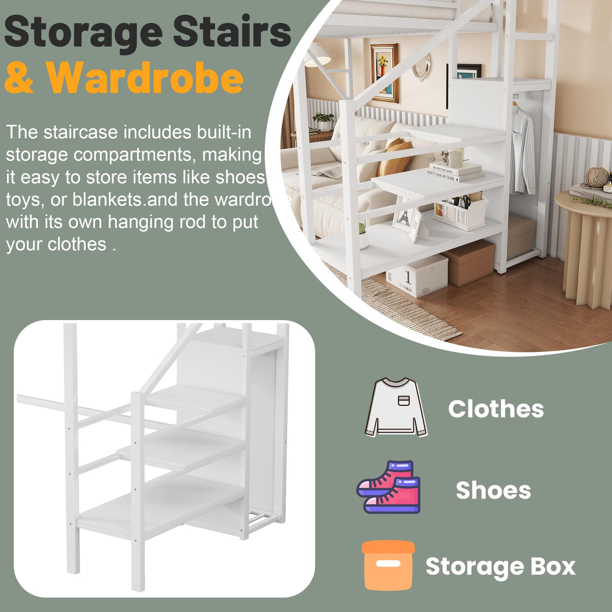 MoproBeti Twin Size Loft Bed with Stairs, Metal Loft Beds Twin with Storage Shelves, Adults Loft Bed with Wardrobe, Heavy Duty High Lofted Bed for Kids Teens,White + White Stair MoproBeti