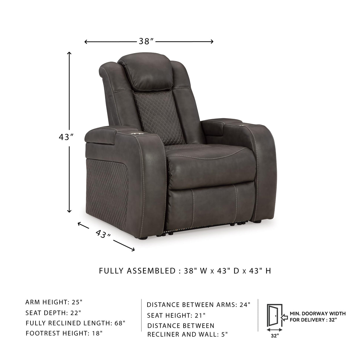 Signature Design by Ashley Fyne-Dyme Contemporary Power Recliner with Adjustable Headrest, Cup Holders and LED Lighting, Black & Gray Signature Design by Ashley