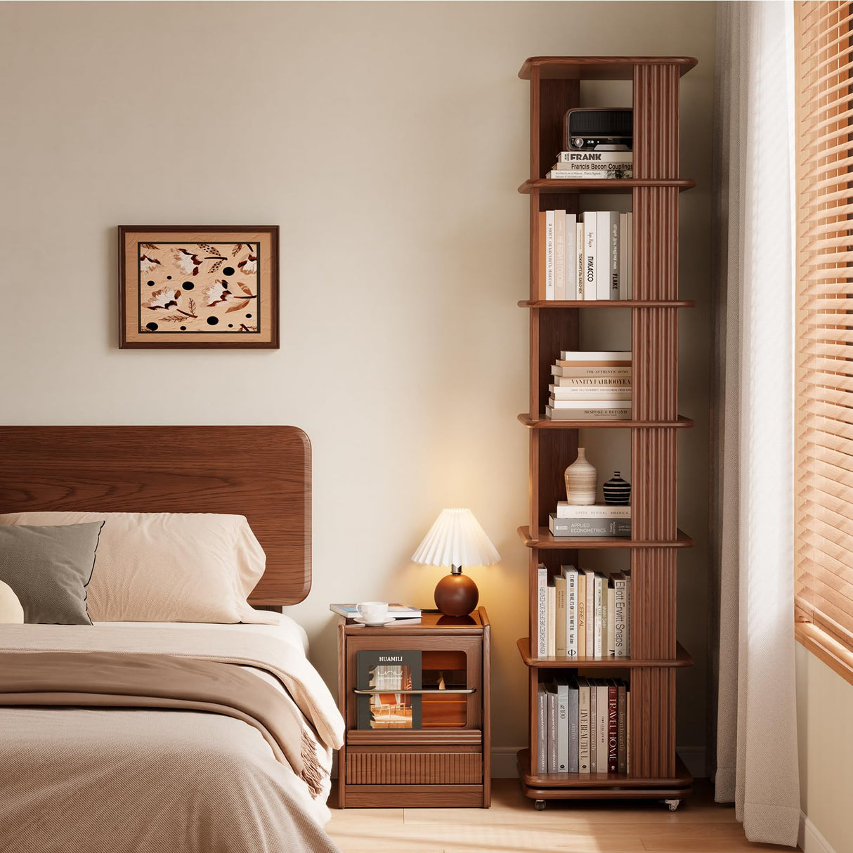 DONGMUWUJEE Solid Wood Rotating Bookshelf, 6-Tier Rolling Book Shelf,360 Degree Revolving Bookcase,Spinning Bookshelf Tower for Small Spaces, Corner, Bedroom,Office,Living Room,Classroom (Walnut) DONGMUWUJEE