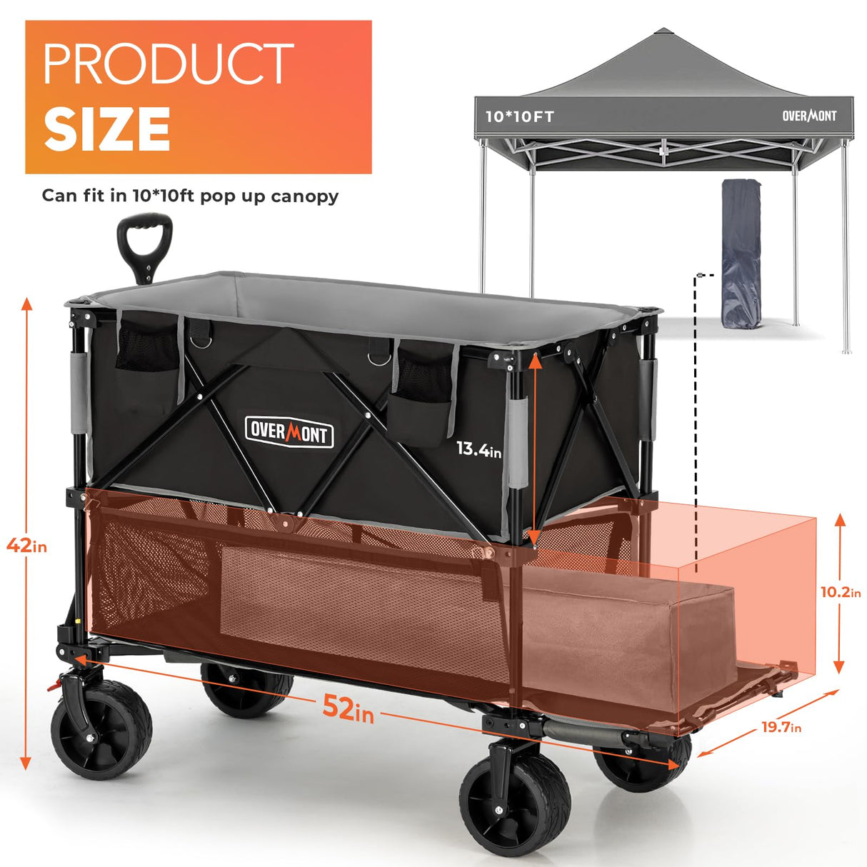 Overmont 400L Foldable Double Decker Wagon - Large Capacity Collapsible Wagon Cart- 52" Extra Long Extender - All-Terrain Big Wheels for Camping, Football Game, Sports Events, Support Up to 450lbs Overmont