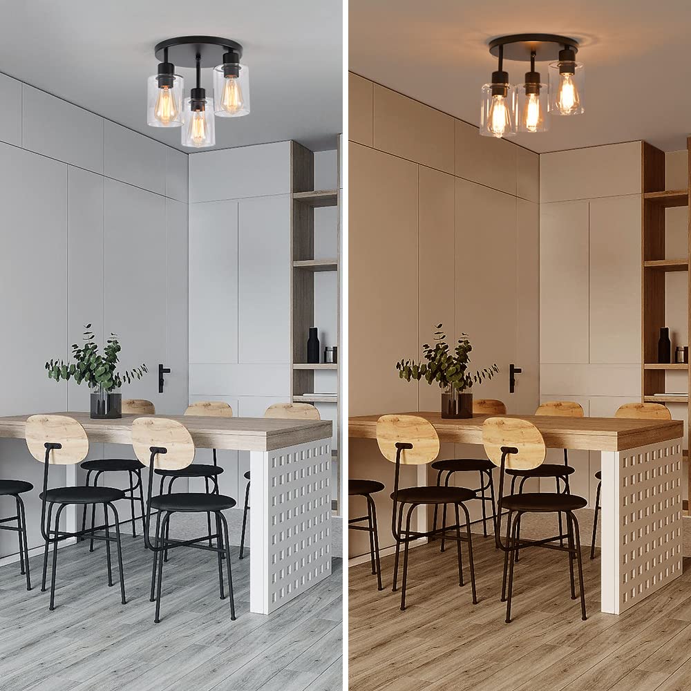 IHENGYANLT 3-Light Industrial Farmhouse Black Matte Light Fixtures Ceiling Mount, with Clear Glass Shades Semi Flush Mount Ceiling Light, for Hallway Fixtures Kitchen, Foyer IHENGYANLT