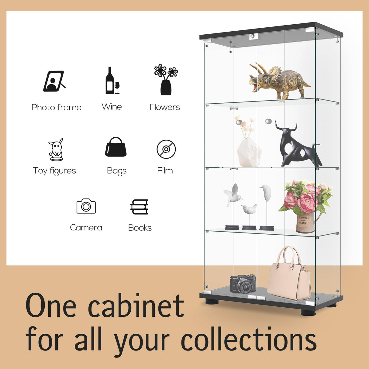 Display Cabinet with Glass Door and Lock, 4-Shelf Fast Installation in 30 Mins Curio Cabinets with 5mm Tempered Glass Floor Standing Bookshelf for Bedroom, Living Room (65'' x32'' x14'', Black) WoodArtSupply