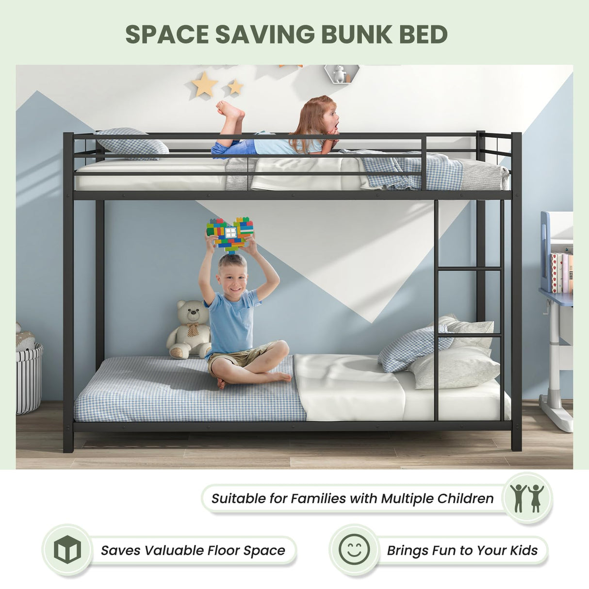 KOMFOTT Metal Low Bunk Bed Twin Over Twin, Heavy Duty Bunk Bed Frame with Ladder & Full-Length Guardrails, Metal Slatted Floor Bed Frame for Teens & Adults, No Box Spring Needed (Black) KOMFOTT