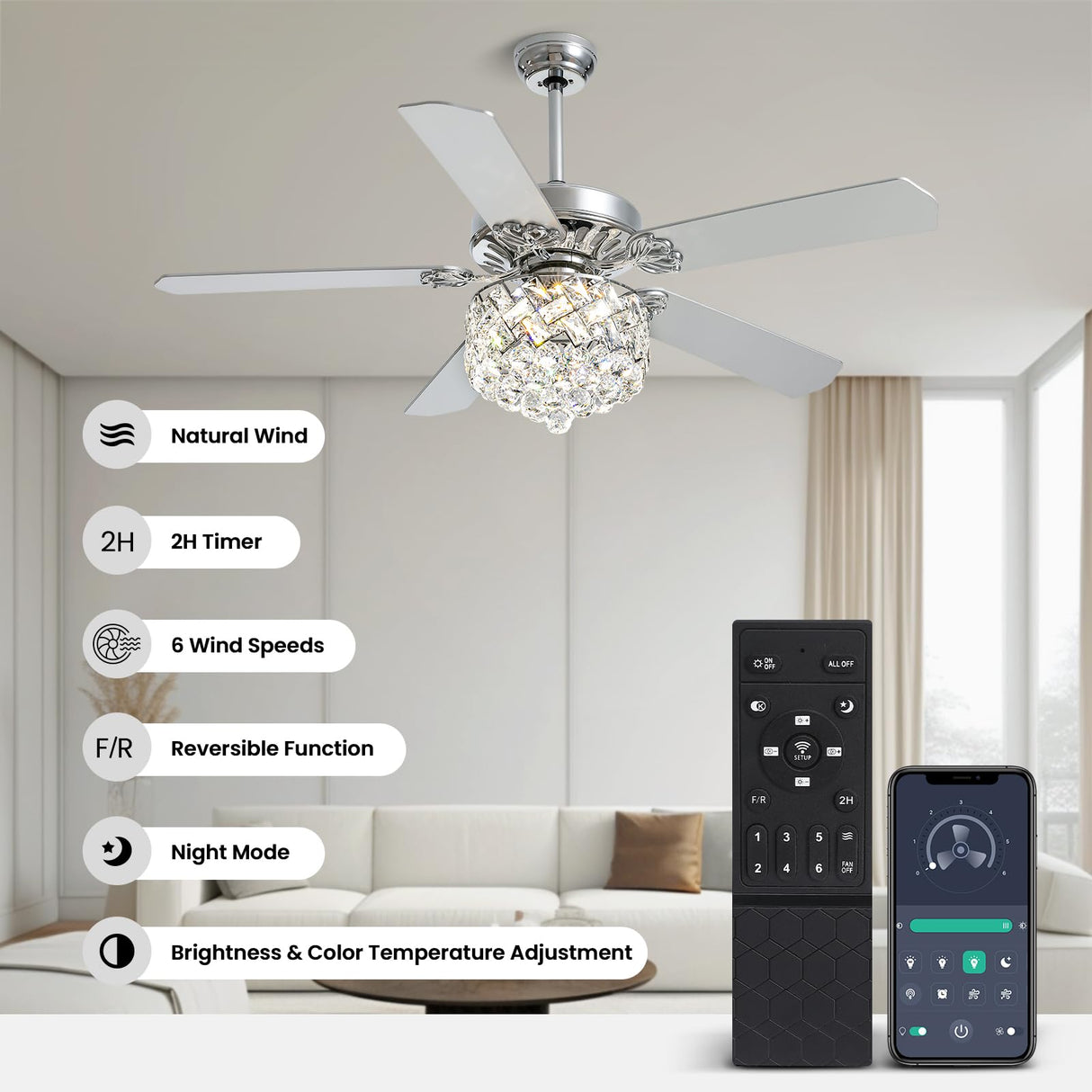 CROSSIO 52" Crystal Ceiling Fan with Light Dimmable LED Chandelier Ceiling Fan Modern Reversible Ceiling Fan Light Fixture with Remote for Bedroom Dining Room Living Room Chrome CROSSIO