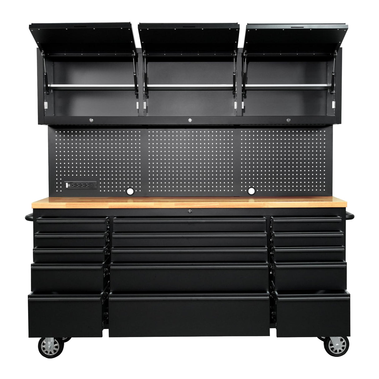 CT Copper Tailor 72-inch Rolling Tool Chest with Integrated Power Strip,15 Drawers and Wheels, Garage Workbench with Storage, 3 Upper Cabinets, Pegboard in Matte Black CT Copper Tailor