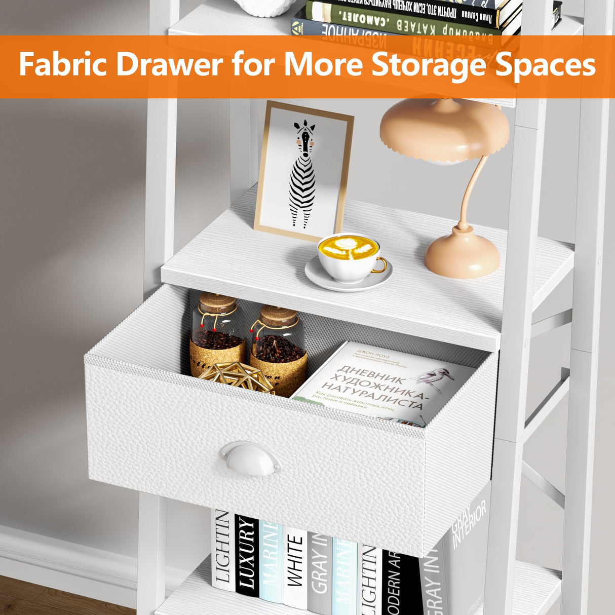 Furologee 5 Tier Bookshelf, Ladder Shelf with Drawer, Tall and Narrow Bookcase, Storage Shelves Organizer,Industrial Display Standing Units for Bathroom,Kitchen,Bedroom,Living Room,White Furologee