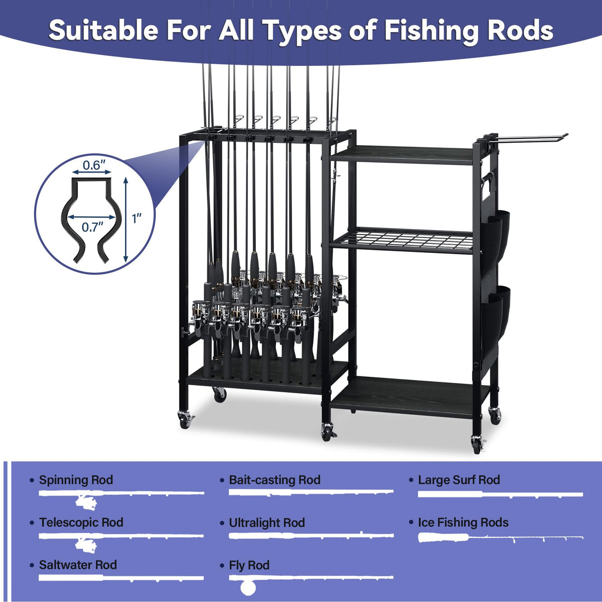 TC-HOMENY 16-Rod Fishing Rod Holder for Garage, Fishing Pole Rack Cart Fit All Fishing Rods, 3 Tier Fishing Tackle Storage Organizer Rack with Storage Bag, For Living Room TC-HOMENY