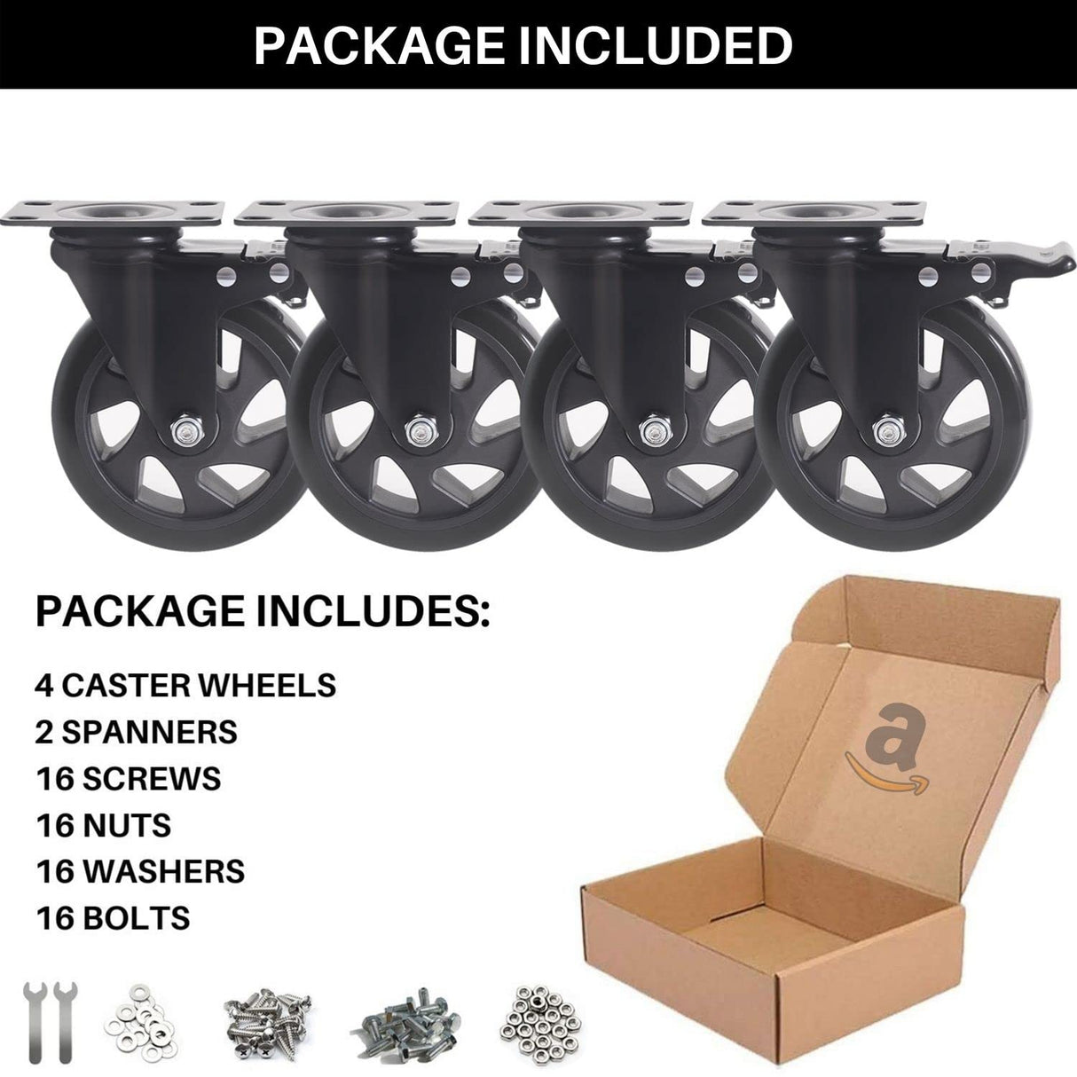 5 Inch Swivel Caster Wheels Set of 4, Heavy Duty Casters with Brake, Polyurethane Locking Casters for Cart, Workbench and Trolley-Load 2200lbs, Black(Two Hardware Kits) Wieyunn