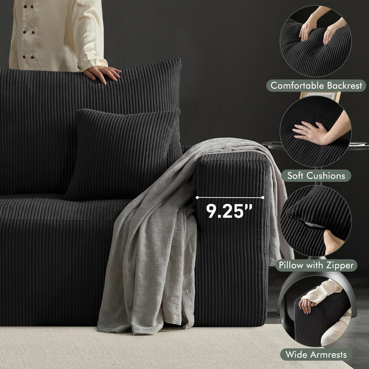 Boneless Sectional Cloud Couch Sofa for Living Room, 112" U-Shaped Modular Modern Lounge Sleeper Black Couches with Chaise, No Assemble, Cordury Compression Upholstered Sofas Gericco