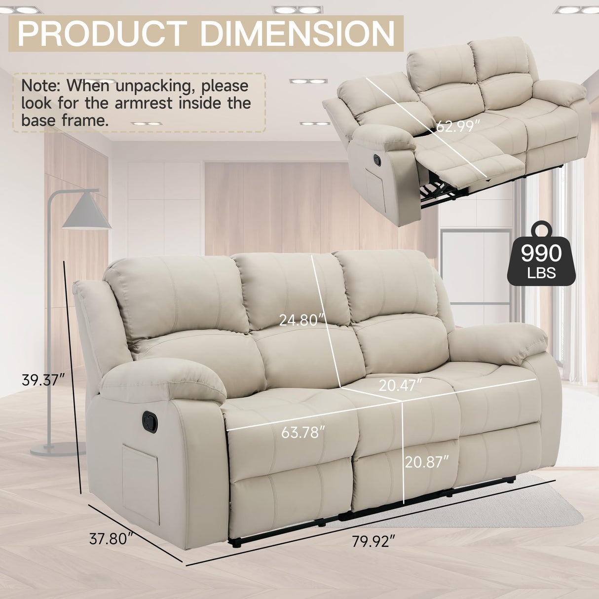 GNMLP2020 Reclining Loveseat Sofa Leather Recliner Sofa 3 Seater Couch for Living Room, Home Theater Seating(3 Seat,Beige) GNMLP2020