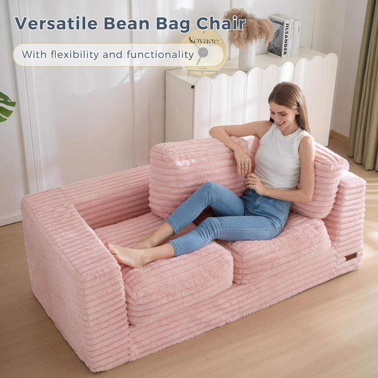 MAXYOYO Bean Bag Chair, Two-Seat Bean Bag Sofa with Pillows and Armrests for Adults, Upholstered Loveseat Floor Sofa Couch Fluffy Chair Bean Bag Couch for Bedroom Living Room, Pink MAXYOYO