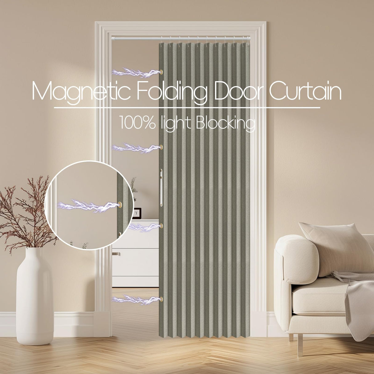 AJAZZ 100% Blackout Magnetic Door Curtain - Pleated Folding Accordion Closet Door Curtain - Invisible, Applicable for Bedroom & Living Room Doorway (Grey, 42" W x 78" L, 1 Panel) AJAZZ