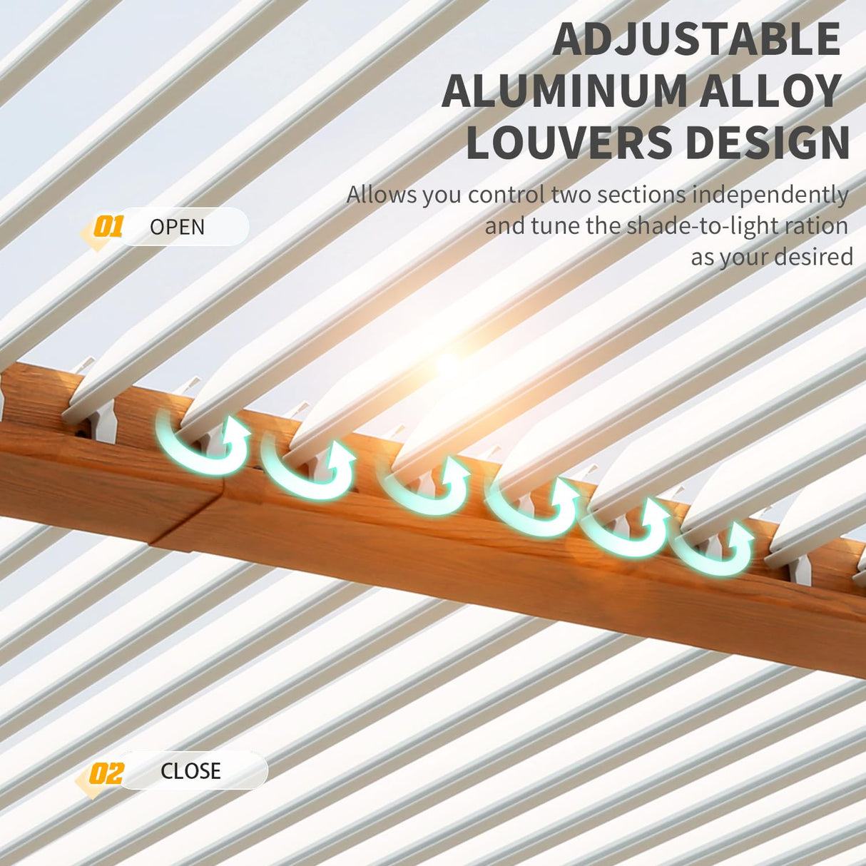 YOLENY 10 x 20 FT Louvered Pergola, Wood Grain Pergola with Adjustable Aluminum Waterproof Roof, Sun Shade Shelter with Netting and Curtains for YOLENY