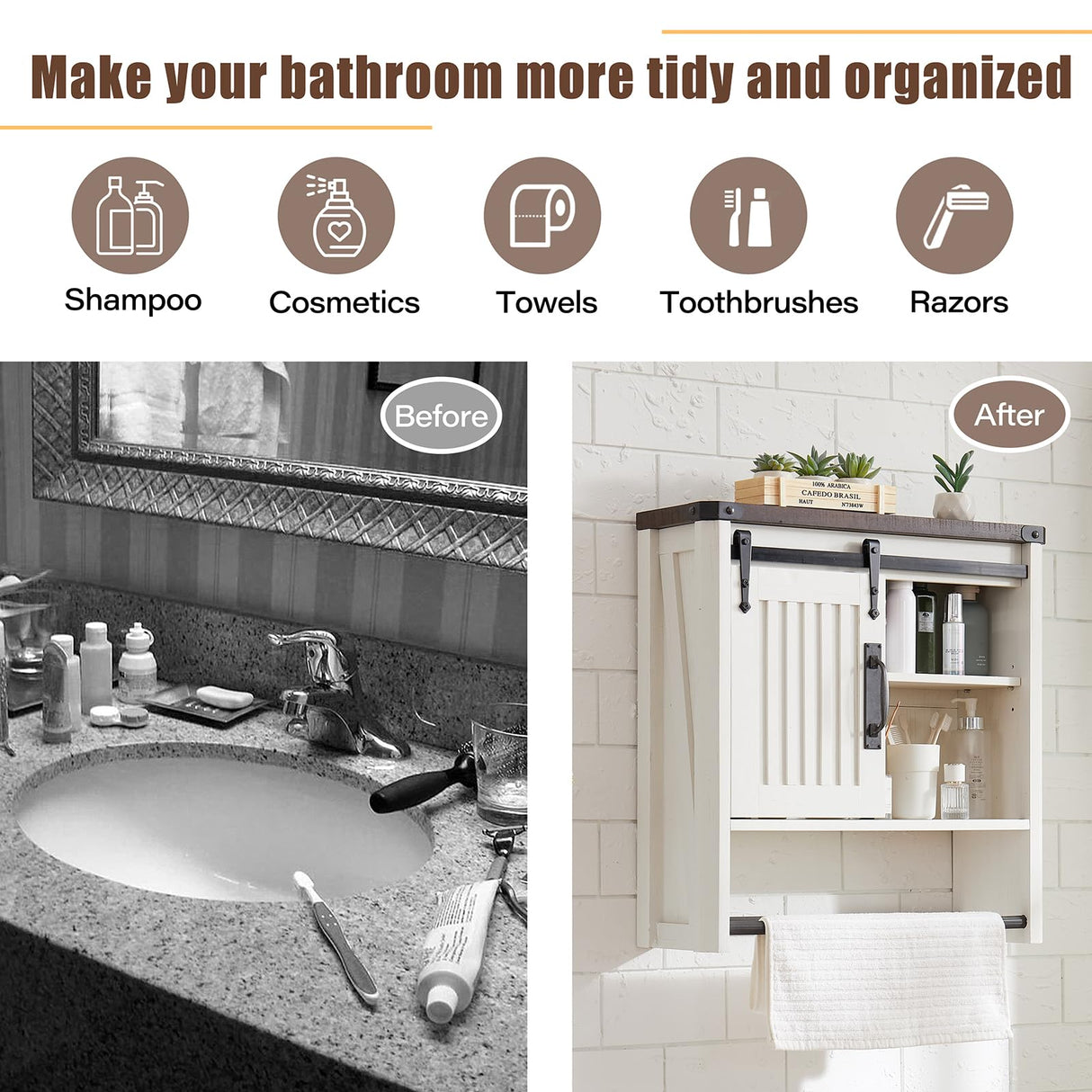 Bathroom Wall Cabinet, Farmhouse Medicine Cabinet with Sliding Barn Door & Adjustable Shelves, Wall Mounted Storage Cabinet for Toilet, Kitchen, Living Room (Antique White) Minifeel