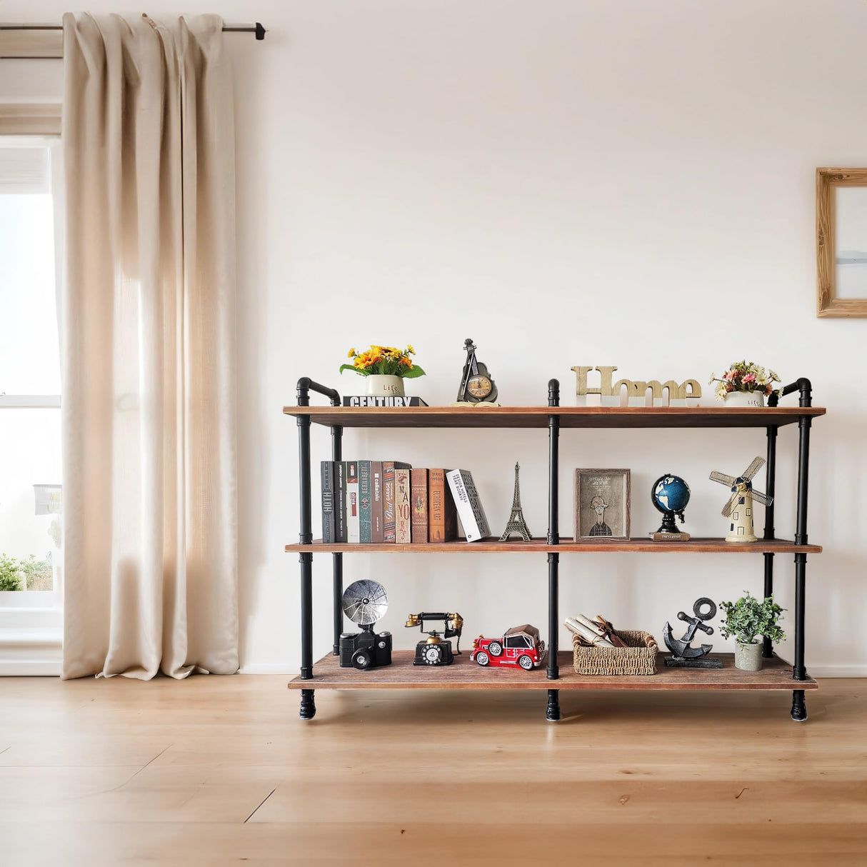 Anynice 3 Tier Industrial Long Bookshelf, Entryway Industrial Metal Bookcase (Weathered Brown, 60" L x 11.8" W x 39" H) Anynice