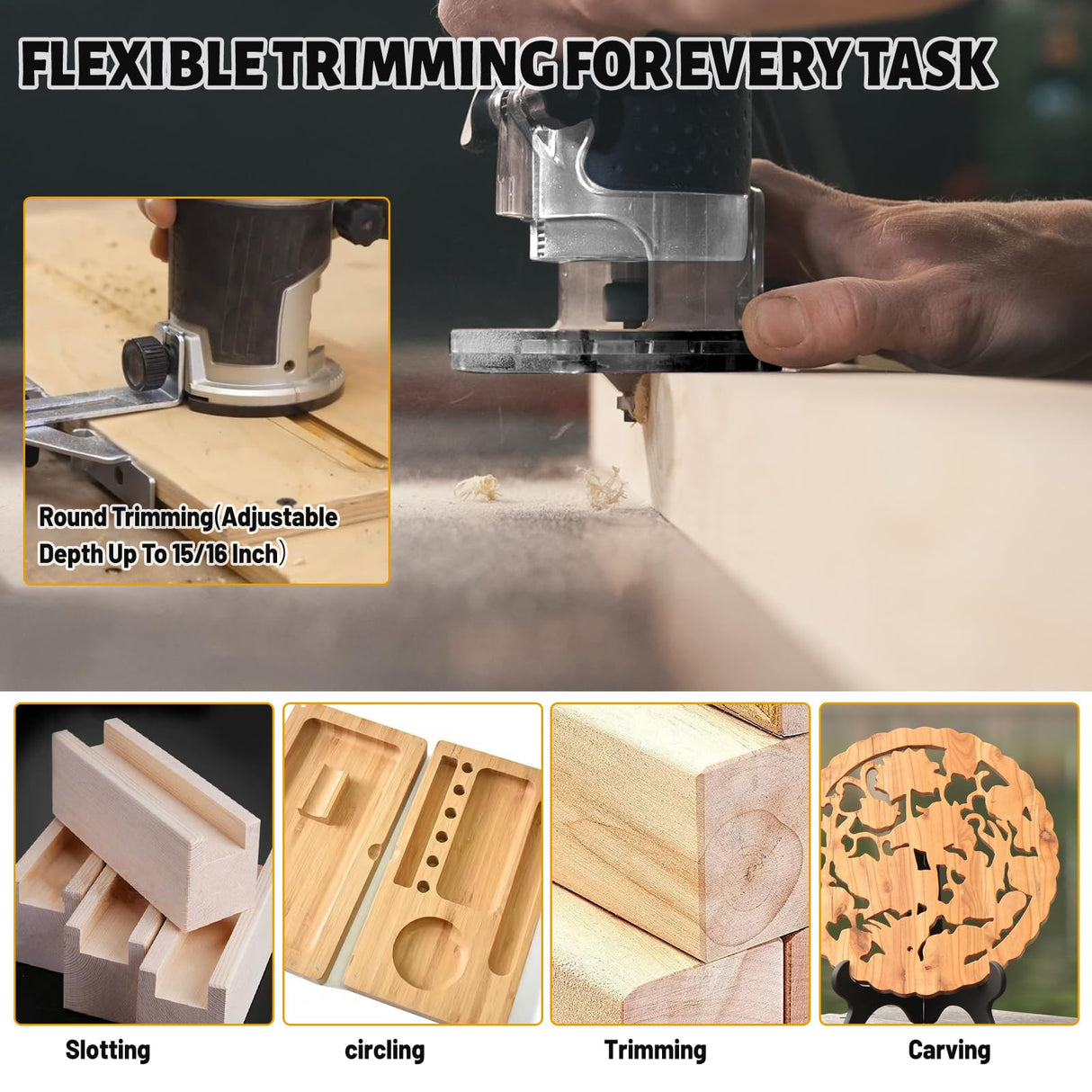 Cordless Router for DeWalt 20V Battery (Tool Only), 6 Speeds 30,000RPM Brushless Compact Router for Woodworking, Palm Router with Trim Router Bits, Edge & Roller Guide, Dust Hood Yuqutum