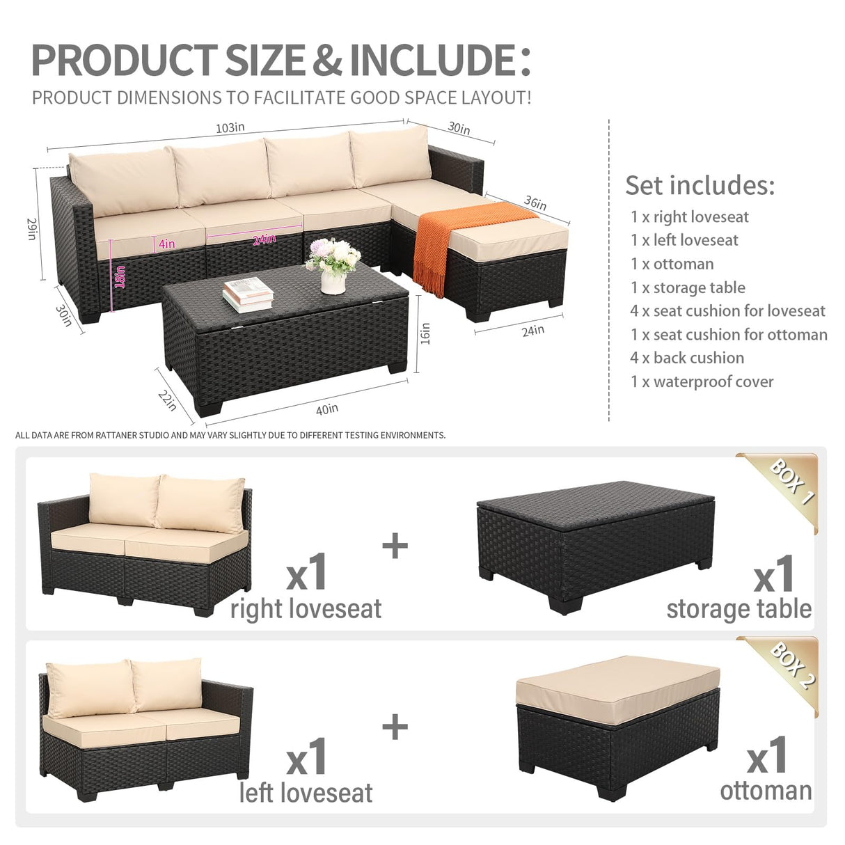 Rattaner Outdoor Sectional Wicker Patio Furniture Long Patio Couch with Ottoman and Outdoor Storage Table 4 Pieces Patio Furniture Set Weathering Anti-Slip Cushions Waterproof Covers, Khaki Rattaner