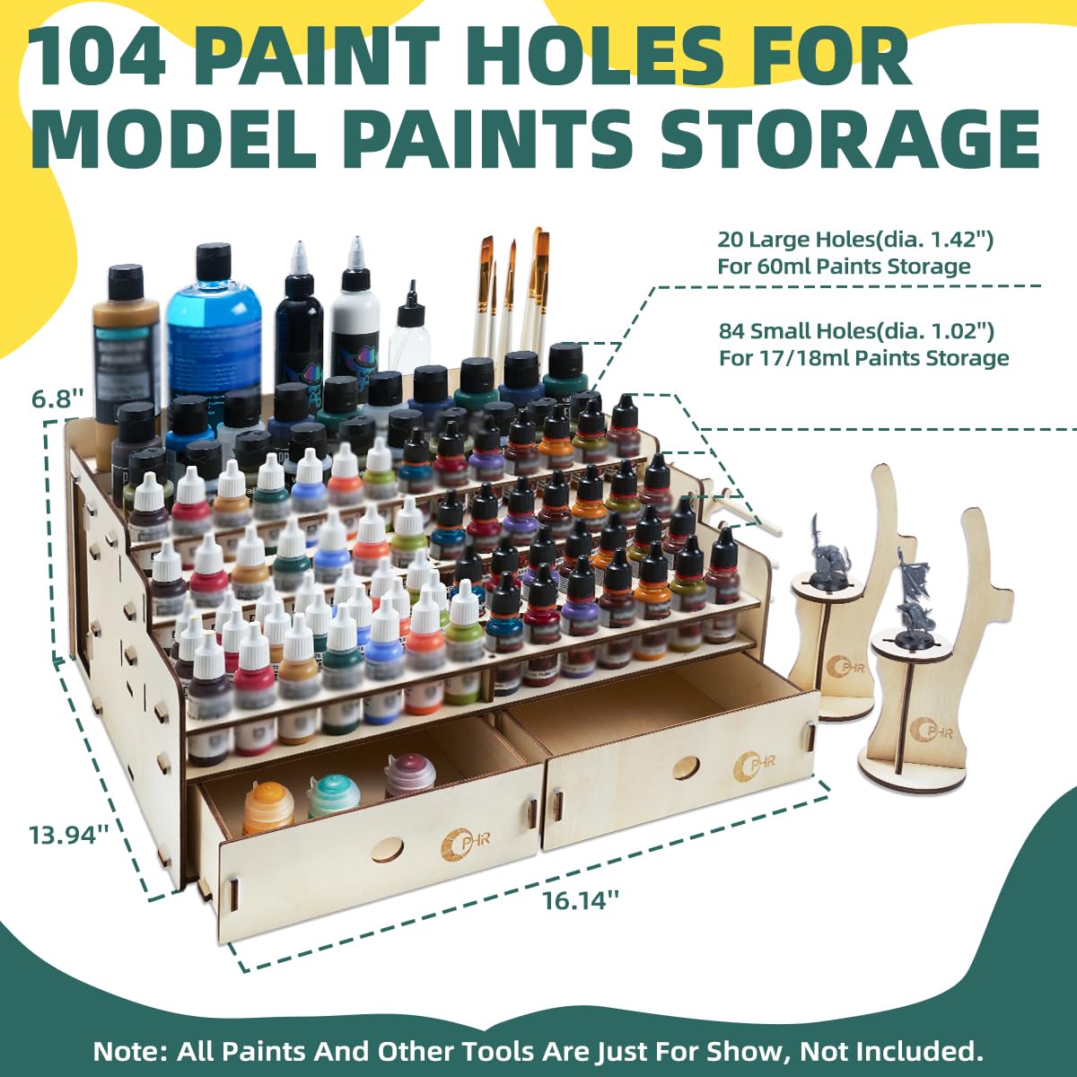 OPHIR Wooden Paint Rack Organizer, Miniature Paint Holder with 104 Holes of 2 Sizes for Model Miniature Paints, Includes 2 Drawers, 2 Painting Handles, 1 Brush Holder, 25 Paintbrush Holes OPHIR