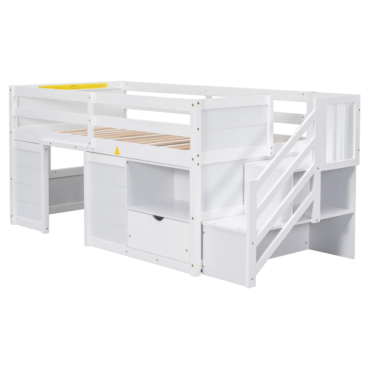 Low Loft Bed with Stairs and Storage, Twin Size Wooden Frame for Kids - White Bellemave